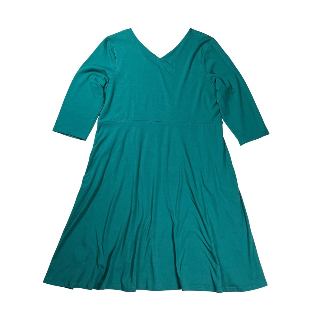 Pact Fit and Flare Dress Women XXL Teal Green Organic Cotton 3/4 Sleeve V-Neck - Picture 2 of 8